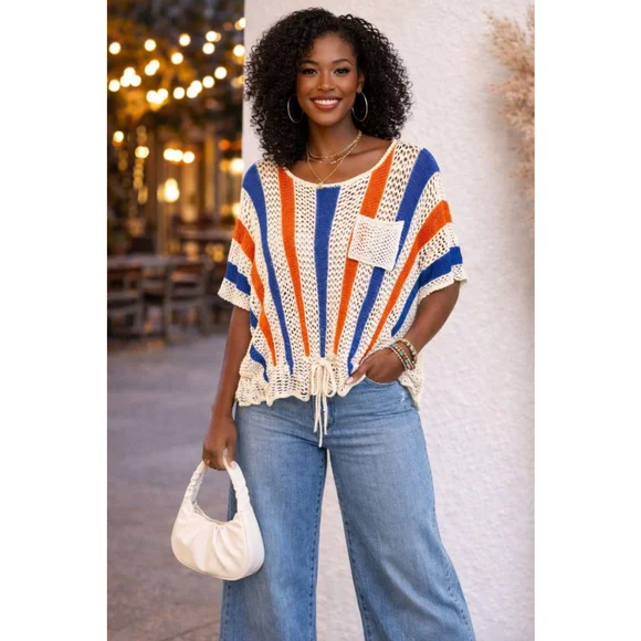 Boho Crochet Top with Drawstring Hem - Striped Knit Pocket Top Oversized - Picture 3 of 9